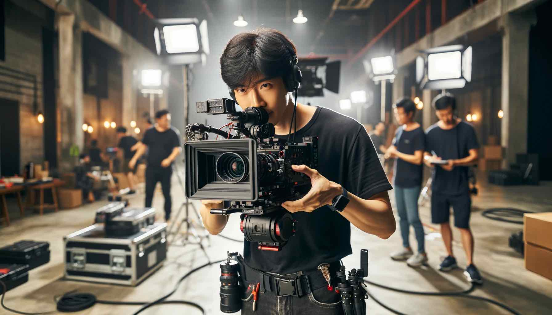 1699255801903655.jpg DALL·E 2023-11-06 15.29.13 - An Asian cinematographer is on set shooting a corporate promotional video. They are holding an ARRI professional movie camera, focused intently on cap.jpg