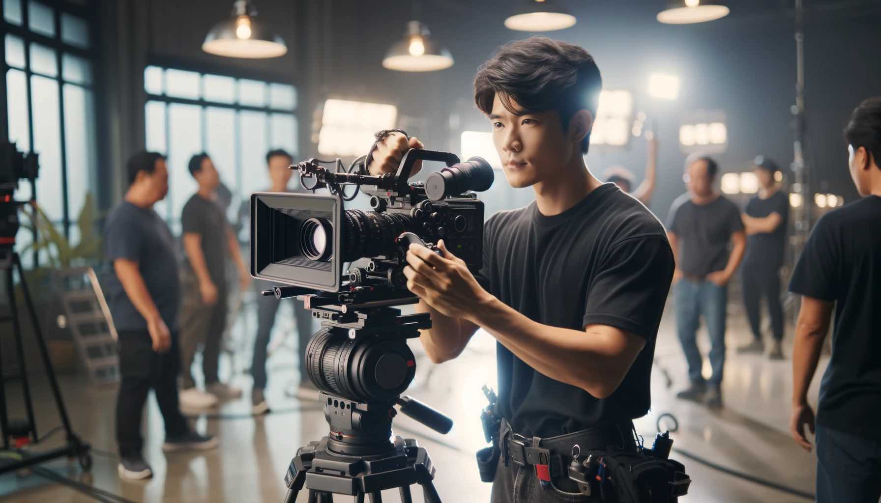 1699846817337281.jpg DALL·E 2023-11-06 15.23.02 - An Asian cinematographer is on set shooting a corporate promotional video. They are holding an ARRI professional movie camera, focused intently on cap.jpg