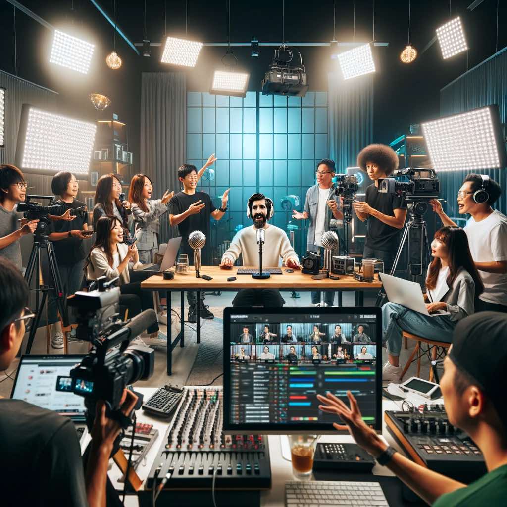 1701058286608938.jpg DALL·E 2023-11-13 11.45.58 - A bustling TikTok live streaming studio scene, capturing the energy and excitement of a live broadcast. The studio is equipped with modern technology .jpg