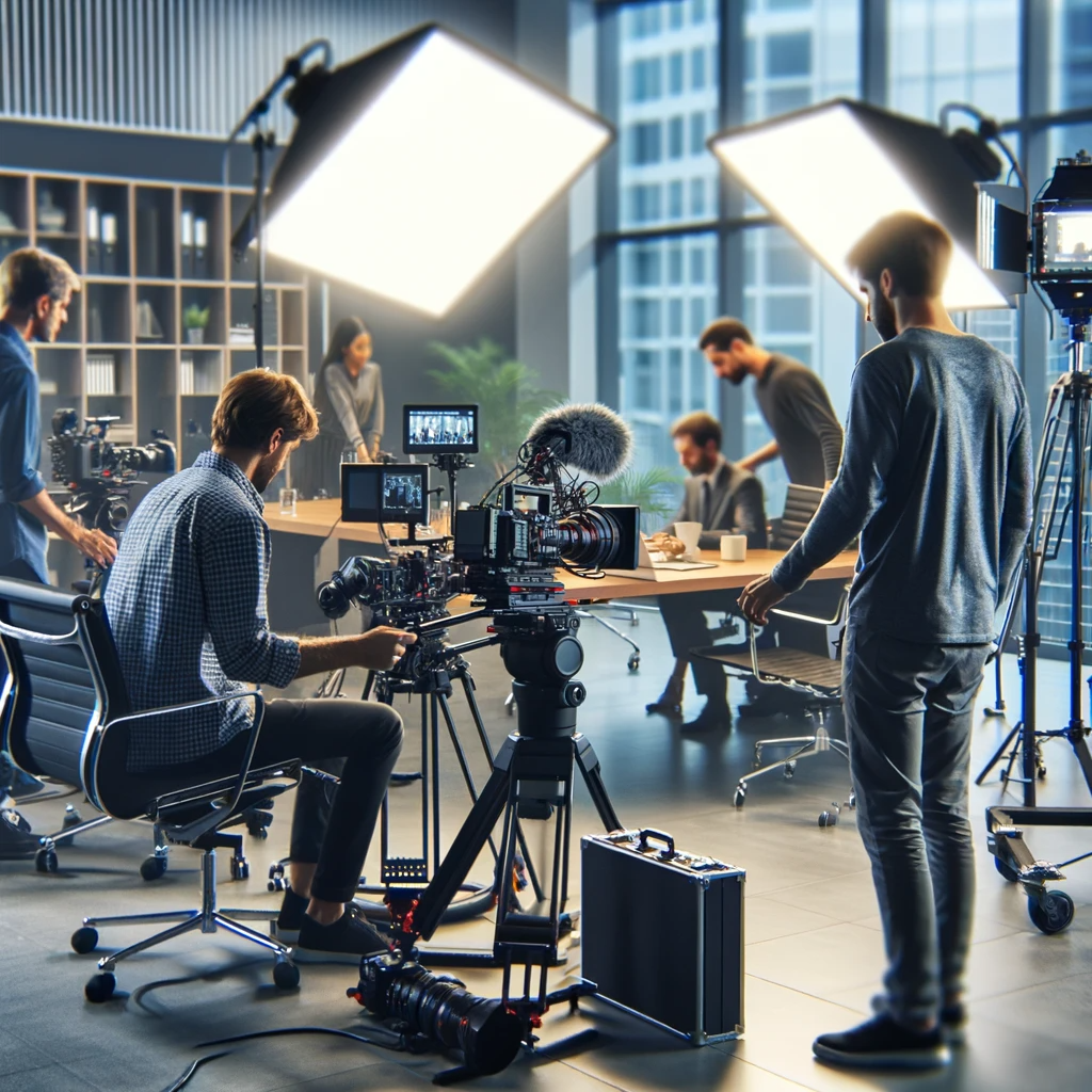 1701409388702756.png DALL·E 2023-12-01 13.40.01 - A camera crew setting up equipment for a corporate video shoot. The image should show a detailed view of high-end cameras, lighting equipment, and cre.png