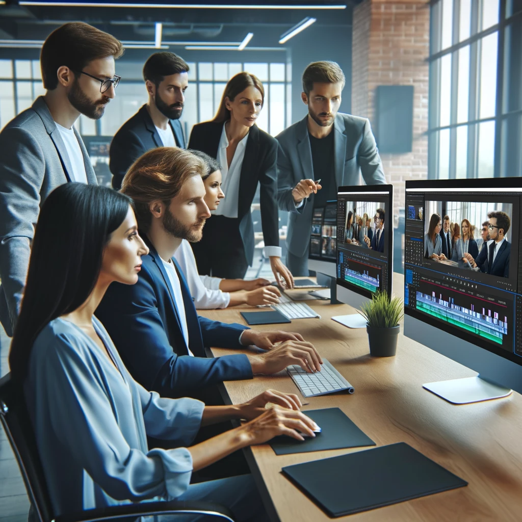 1701409563450965.png DALL·E 2023-12-01 13.39.35 - A corporate team reviewing and editing a promotional video, showing individuals focused on computer screens with video editing software, in a modern, .png