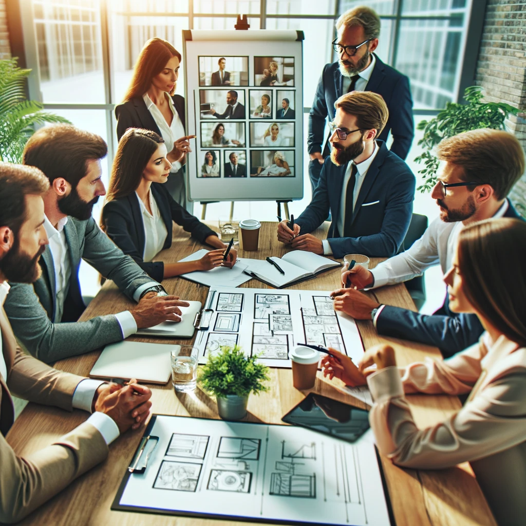 1701409651714572.png DALL·E 2023-12-01 13.39.14 - A team of professionals discussing a storyboard for a corporate promotional video. The image should capture a diverse group gathered around a table, w.png