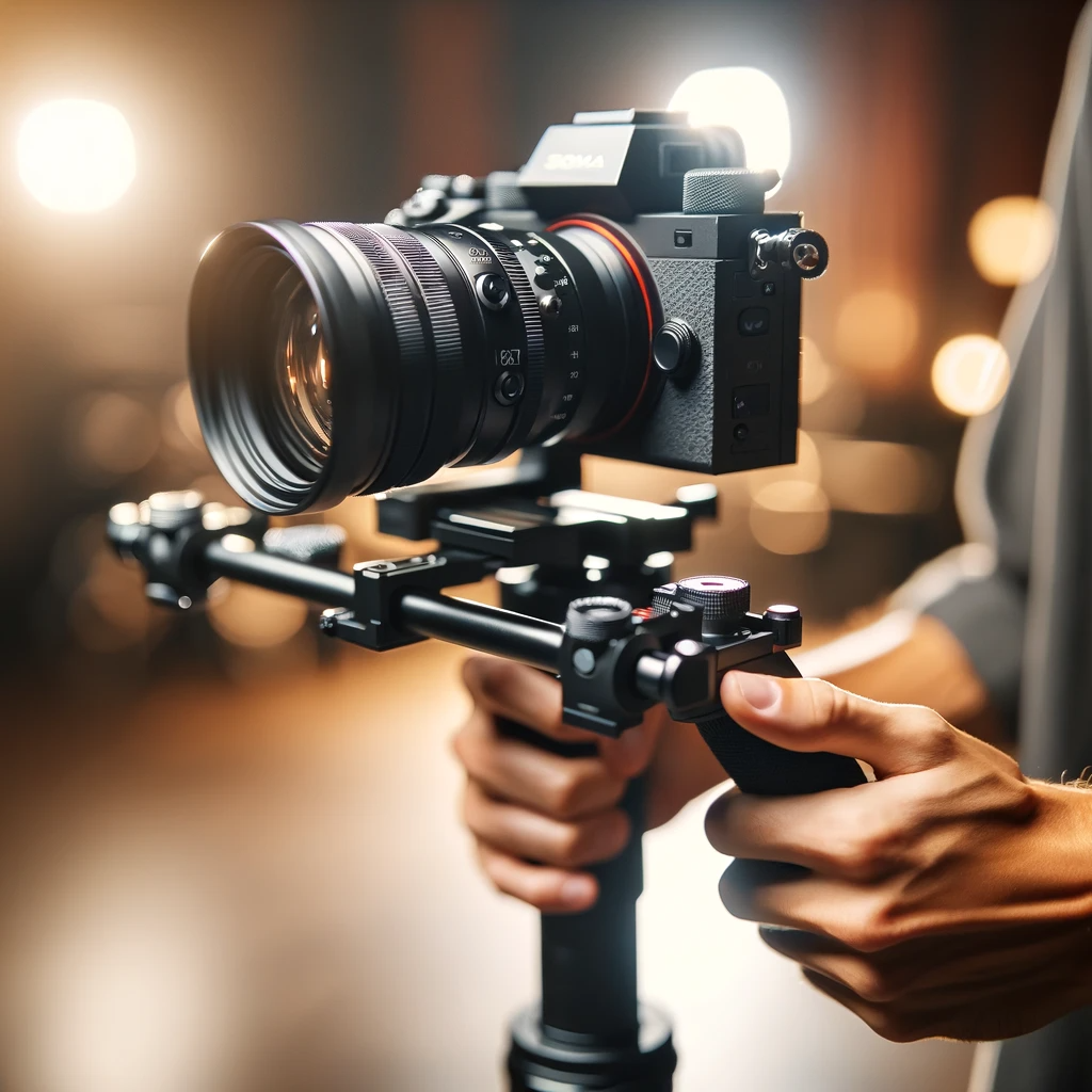 1701410070264751.png DALL·E 2023-12-01 13.40.25 - A close-up of a professional camera on a stabilizer being used for short video production, with the hands of a videographer adjusting the settings. Th.png
